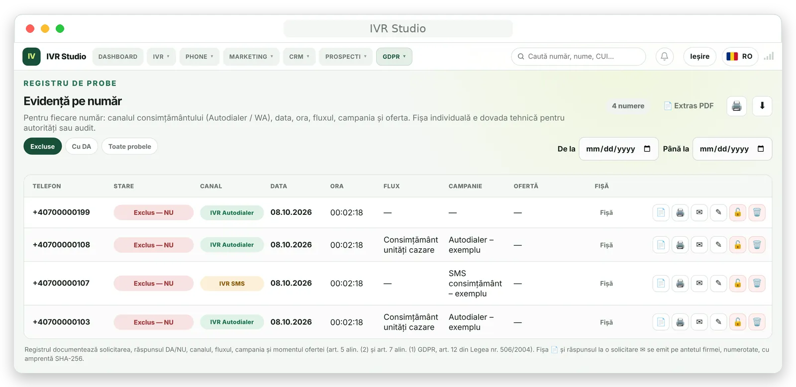 Registrul de probe cu numerele excluse. Date demonstrative.