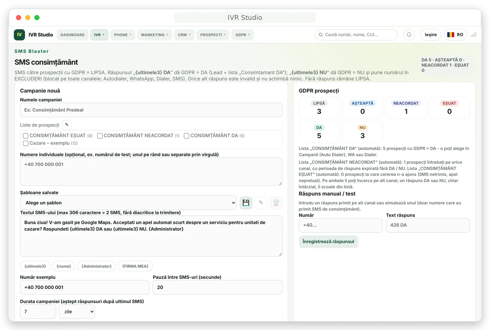 Ecranul SMS consimțământ cu situația GDPR a prospecților. Date demonstrative.